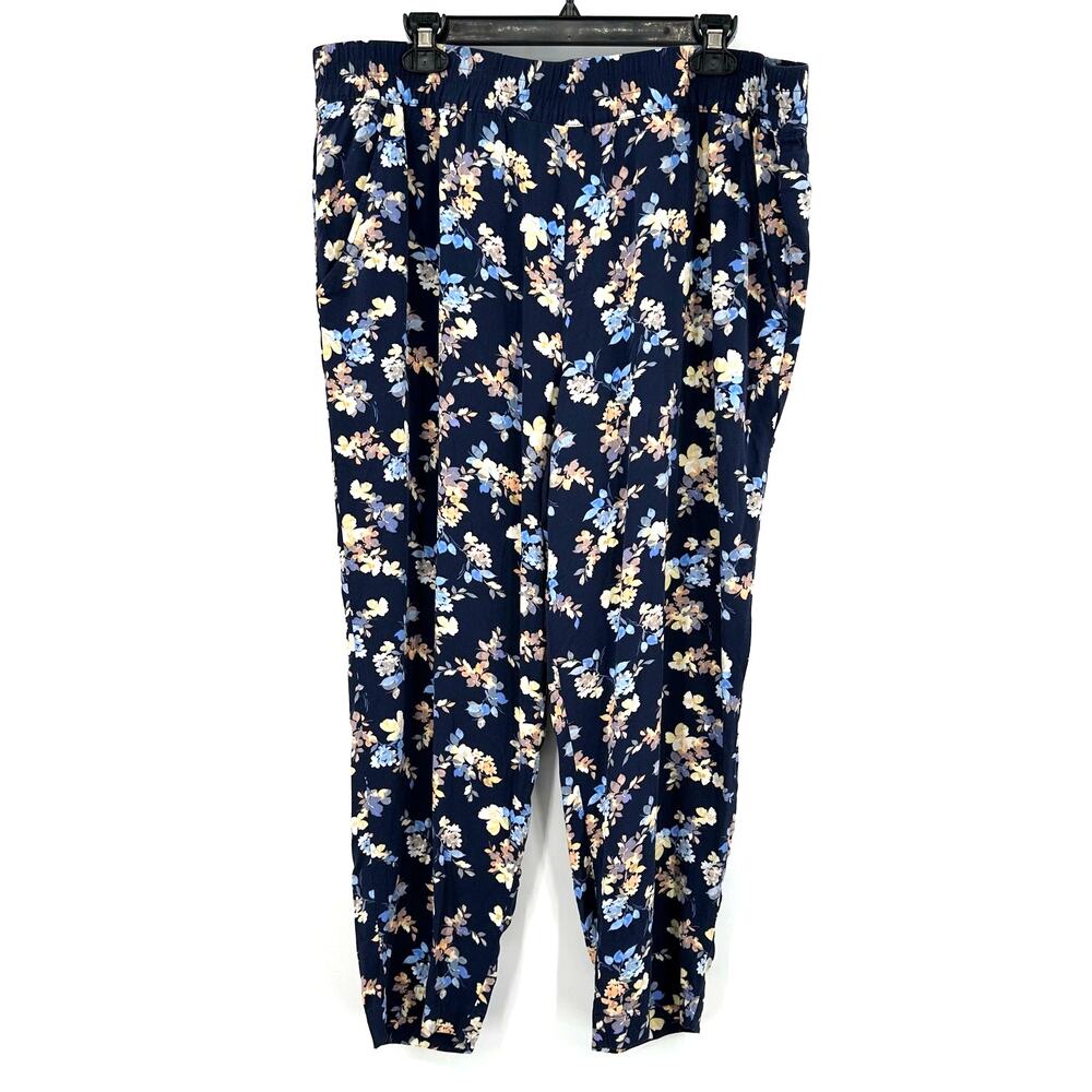 Jessica Simpson Size XL Pants Navy Blue Floral Tapered Pockets Elastic Waist